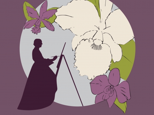 Silhouette of woman painting against a backdrop of orchid illustrations