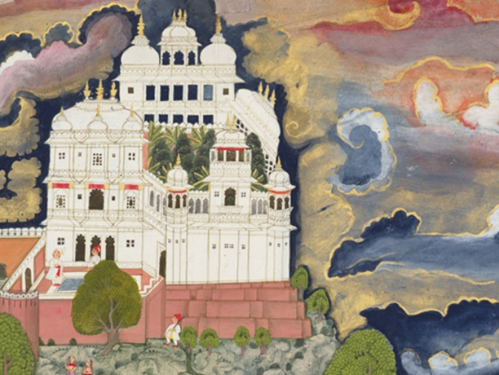 illustration of large white building and stylized clouds
