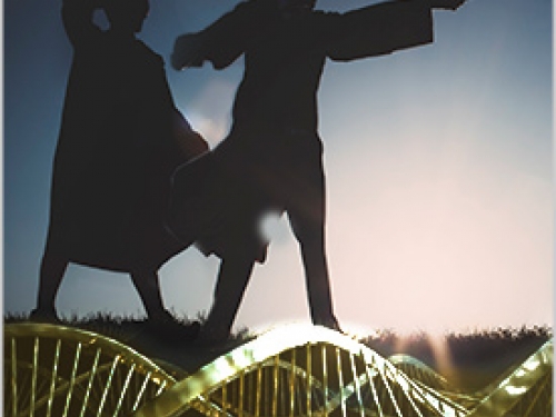 artists rendering of Harry Potter in silhouette with DNA strand in foreground