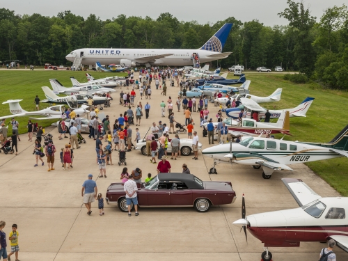 Visitors among planes on runway at Udvar-Hazy Center