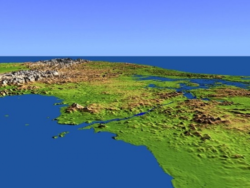 Computer generated aerial view of the isthmus of Panama