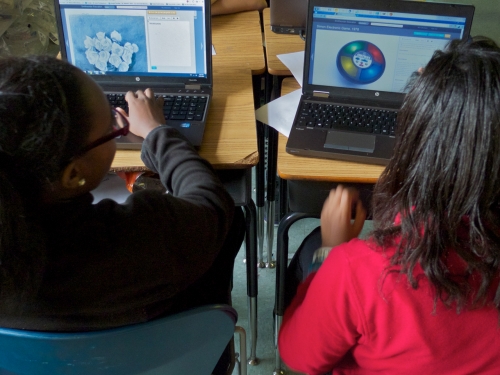 Students using computers to learn remotely.