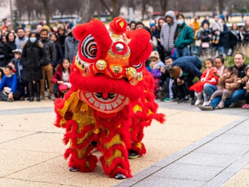 A crowd watching a lion dancer perform outside.
