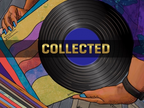 Graphic with vibrant colors of a womans hands holding a vinyl record