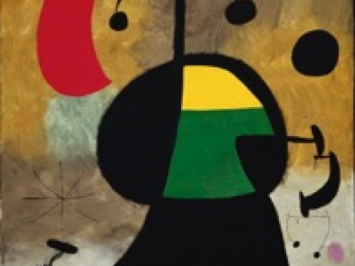 Abstract painting in black, red, yellow, green