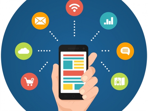 graphic showing mobile phone and app icons