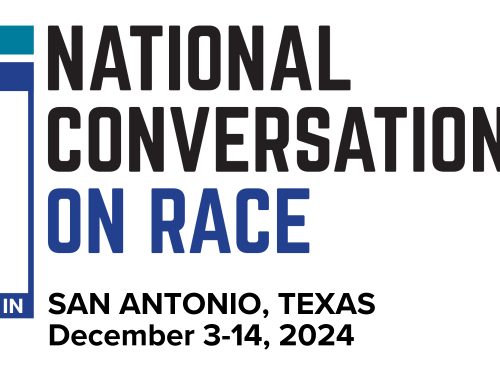 Graphic with large, blocky text in blue and black showing event title and dates.