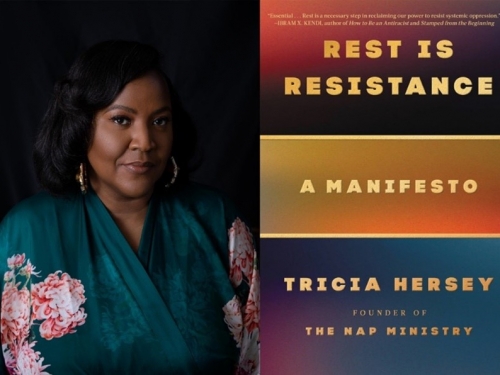 Graphic with a woman's headshot next to the front cover a book with gem-toned gradients.
