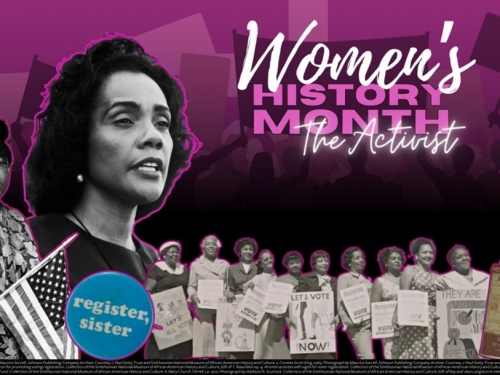 Digital graphic with purple background and cropped images of women.