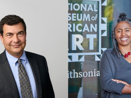 Split image with headshot of man in suit on left side and woman in front of glass window on right.
