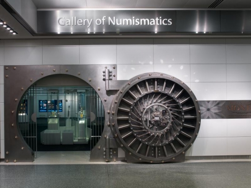 Entrance to museum gallery designed as fake bank vault.