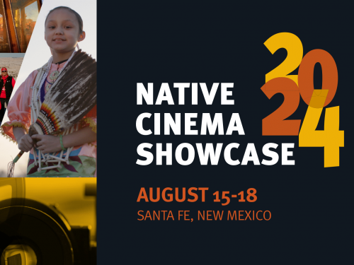 Graphic with collage of images on the left side and blocky font on right side reading Native Cinema Showcase 2024.