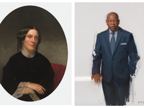 Two portraits side by side. One of Harriet Beecher Stowe sitting down. The other of John Lewis standing up.