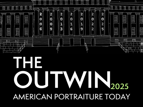 Graphic with black background, white outline of building with front colonnade and large blocky white text.