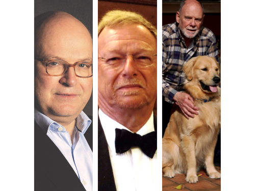 Three side by side photos of different men smiling for the camera.