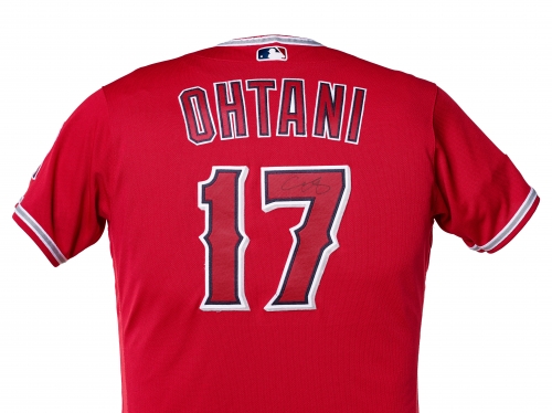 Image or red jersey with number 17 and name Ohtani across back.