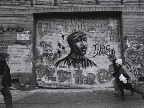 Side by side images of city blocks covered in murals