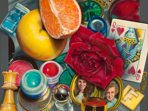 Painting "Queen" featuring flowers, fruit, cosmetics, various small objects