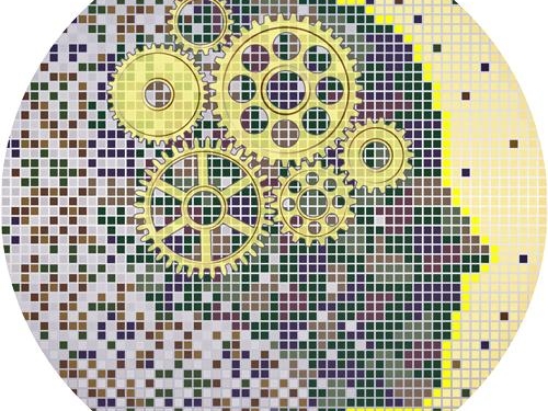 Abstract graphic of gears and computer code