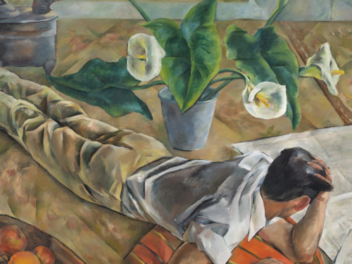 Painting of a man lying on his stomach near a peace lily plant.