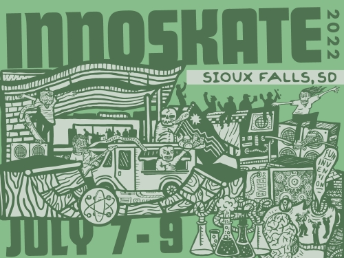 Graphic illustration of skateboarders and text "Innoskate 2022"