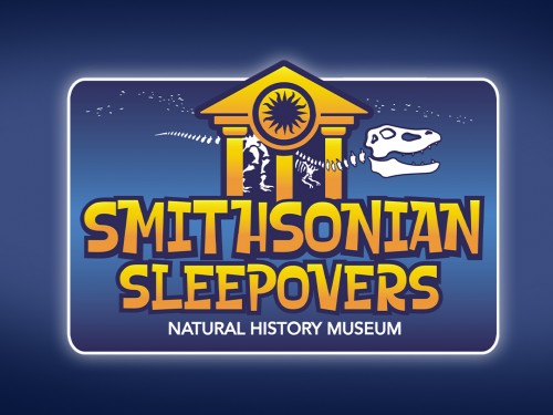 Graphic with a blue background, yellow text and stylized front of a temple with three columns.