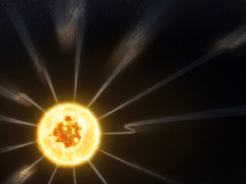 An image of a bright yellow sun with rays of light against a completely black background.