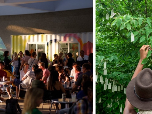 Composite photo of cafe and wishing tree