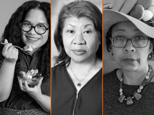 Three separate images of women staring into the camera