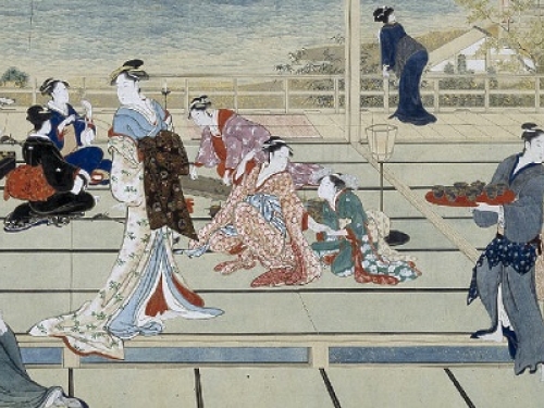 Main section of Japanese trichtype showing women in kimonos
