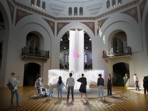 Rendering of building interior with people standing around a lit sculpture