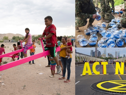 Side-by-side images showing children playing on a teeter toter and a poster with the words "Act Now"