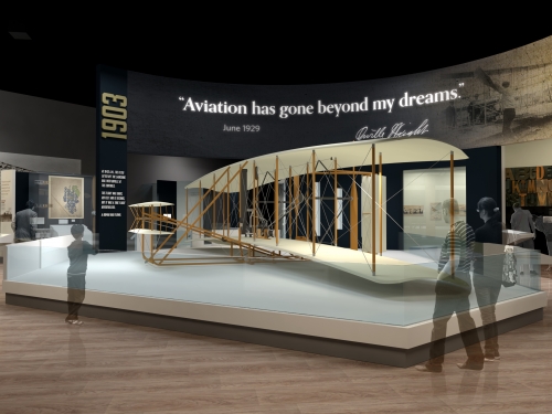 Rendering of exhibit with Wright Brother plane in center of the room
