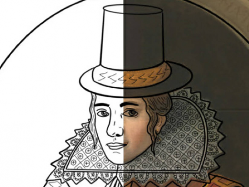 A black outline of a portrait of a man that is half black and white and half colored in.