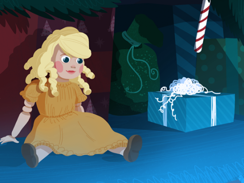 doll in front of Christmas tree