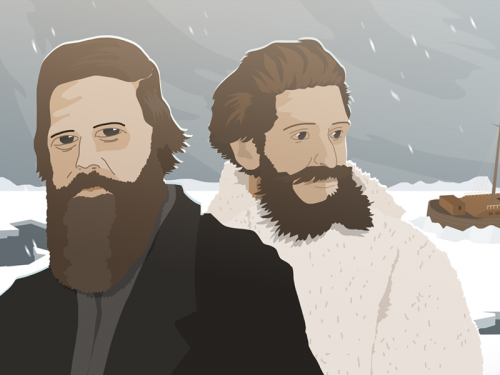 Illustration of two bearded men in front of a shipwreck with glaciers.