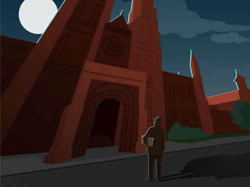man holding papers looking at the Smithsonian Castle at night