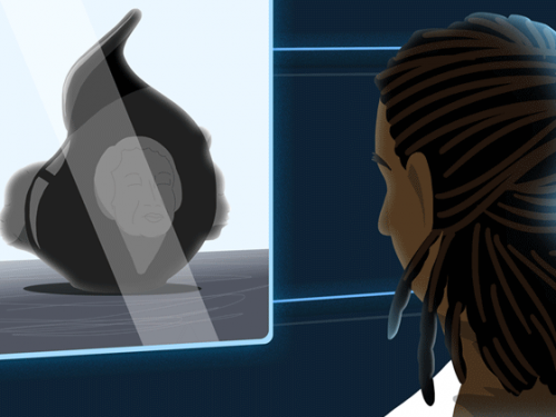 woman looking at AI rendering