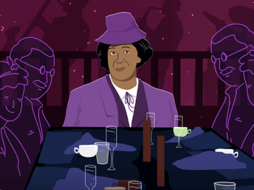 illustration of Lucy Hicks Anderson wearing a purple hat and jacket
