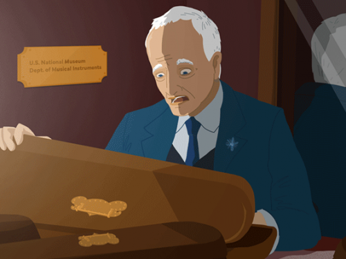 Illustrated image of a man with white hair wearing a suit and opening a violin case. 