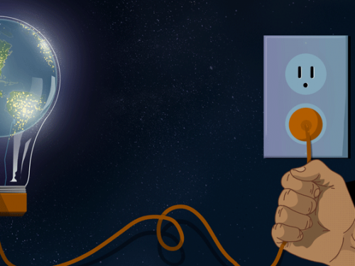 Illustration of a light bulb with the Earth inside. The bulb has a cord that is held by a hand and is being plugged into a wall.