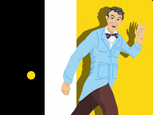 Illustration of Bill Nye waving in a blue lab coat as he enters through a side door. 