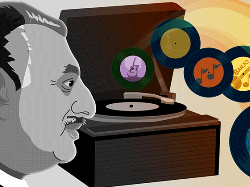 Illustration of side view of a mans face in front of a wooden record player and many records floating in the background.