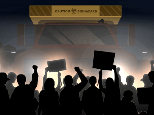 Illustration of protestors standing in front of a biohazard sign.