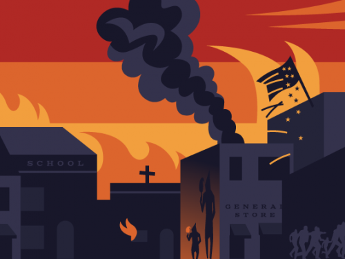 illustration of burning Greenwood buildings