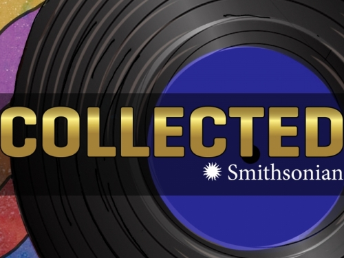 Illustration of a record with colors in the background. 