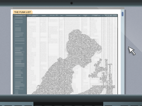 A graphic made up of words depicting a woman leaning over a microscope. 