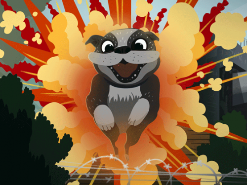 Illustrated dog jumps through red and yellow fire and a cat lays on a piece of Army equipment.