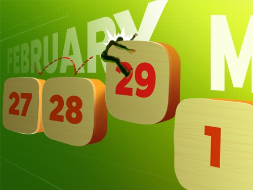 Illustration showing numbers of months and a man leaping onto the number 29.