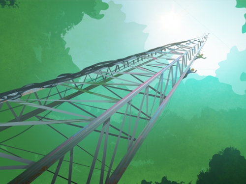 Illustration of a tall metal climbing apparatus in a green jungle, with small outline of Panama in bottom right corner.